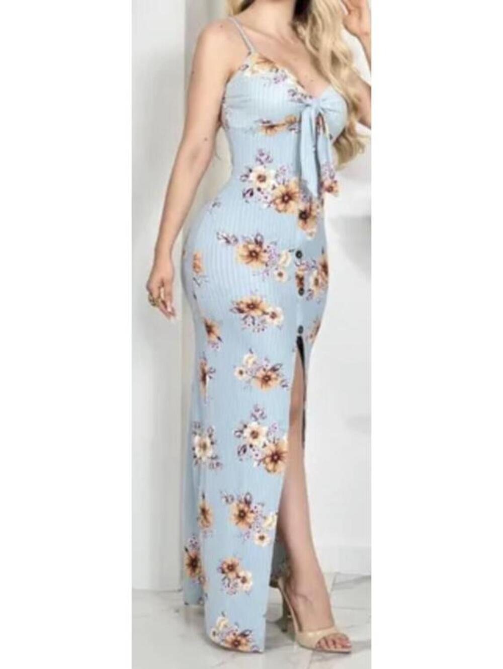 Blue floral print maxi dress featuring a knotted tie front and a side slit